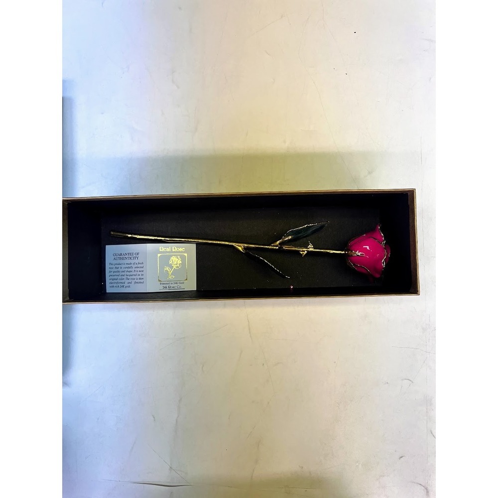 24k Rose Co Pink Real Rose Preserved in Lacquer Trimmed in 24K Gold with Box COA